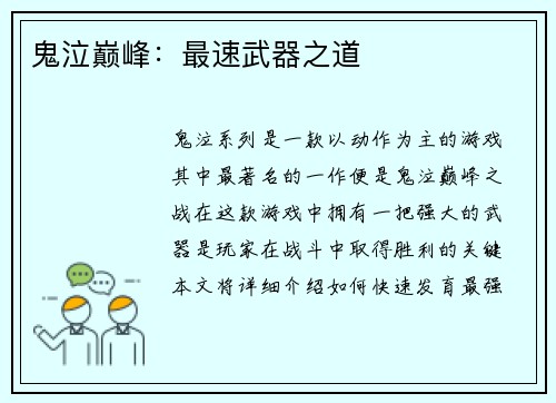 鬼泣巅峰：最速武器之道